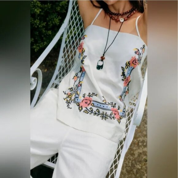 Free People NWT Ivory Embroidered Set Wide Leg Linen Blend Pants & Top - Picture 1 of 11